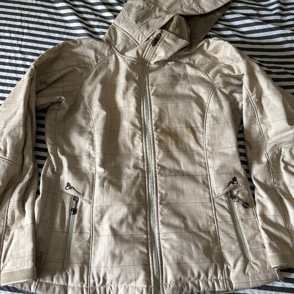 North Face Khaki Plaid Ski Jacket Faux Fur Thick Shell